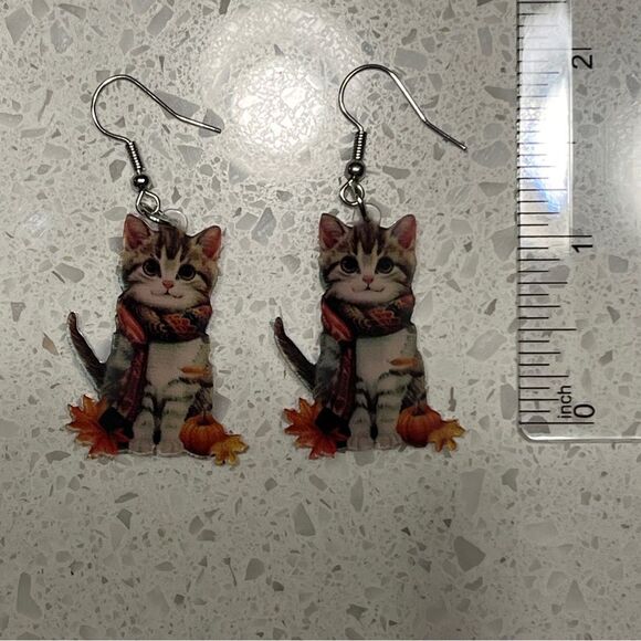Cute Cat Acrylic Dangle drop Earrings fall colors autumn vibes - Picture 7 of 9